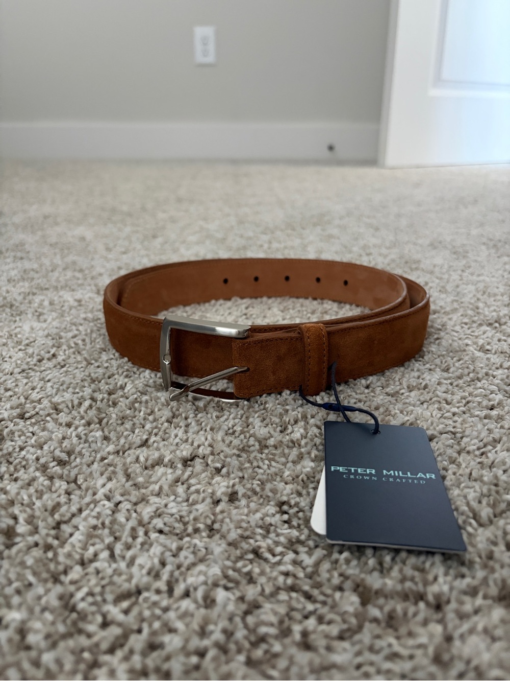 Peter Millar Suede Belt in Brown with Silver Buckle